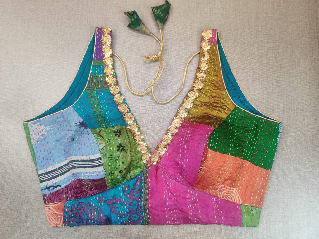 Buy beautiful multicolor patch Kantha stitch embroidered saree blouse online in USA. Elevate your Indian ethnic saree looks with beautiful readymade saree blouse, embroidered saree blouses, Banarasi sari blouse, designer sari blouse from Pure Elegance Indian fashion store in USA.-full view
