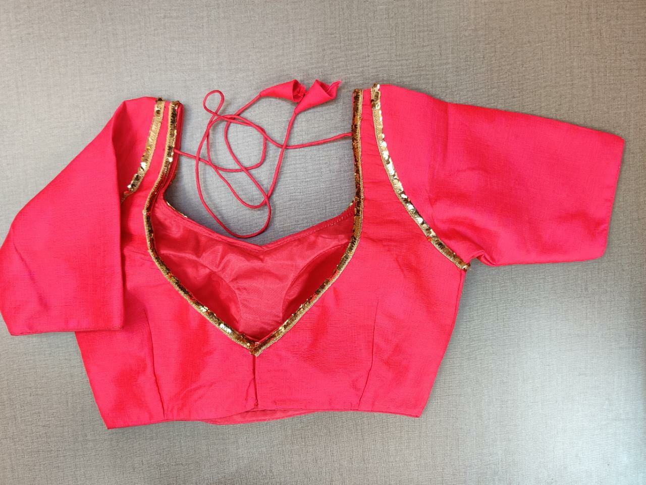 Buy stunning pink readymade saree blouse online in USA with sequin work. Elevate your Indian ethnic saree looks with beautiful readymade saree blouse, embroidered saree blouses, Banarasi saree blouse, designer saree blouses from Pure Elegance Indian fashion store in USA.-back