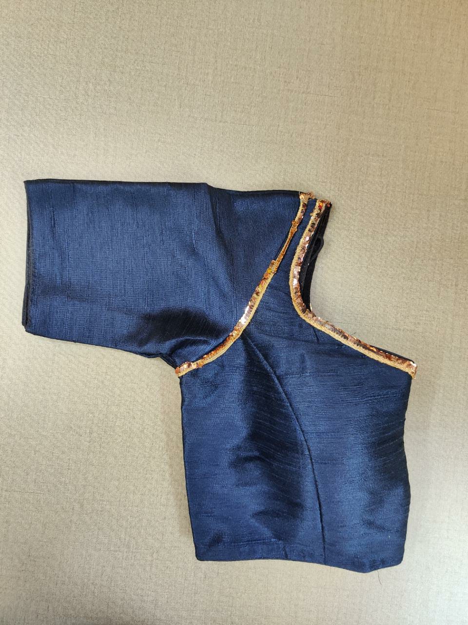Buy navy blue readymade saree blouse online in USA with sequin work. Elevate your Indian ethnic saree looks with beautiful readymade saree blouse, embroidered saree blouses, Banarasi saree blouse, designer saree blouses from Pure Elegance Indian fashion store in USA.-sleeves