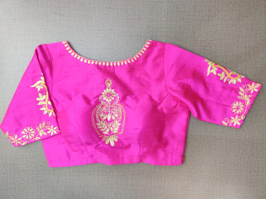 Buy stunning neon pink saree blouse online in USA with embroidered motifs. Elevate your Indian ethnic saree looks with beautiful readymade saree blouse, embroidered saree blouses, Banarasi saree blouse, designer saree blouses from Pure Elegance Indian fashion store in USA.-front