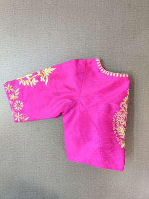Buy stunning neon pink saree blouse online in USA with embroidered motifs. Elevate your Indian ethnic saree looks with beautiful readymade saree blouse, embroidered saree blouses, Banarasi saree blouse, designer saree blouses from Pure Elegance Indian fashion store in USA.-sleeves