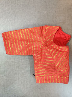 Shop stunning orange and golden readymade saree blouse online in USA. Elevate your Indian ethnic saree looks with beautiful readymade saree blouse, embroidered saree blouses, Banarasi saree blouse, designer saree blouses from Pure Elegance Indian fashion store in USA.-sleeves