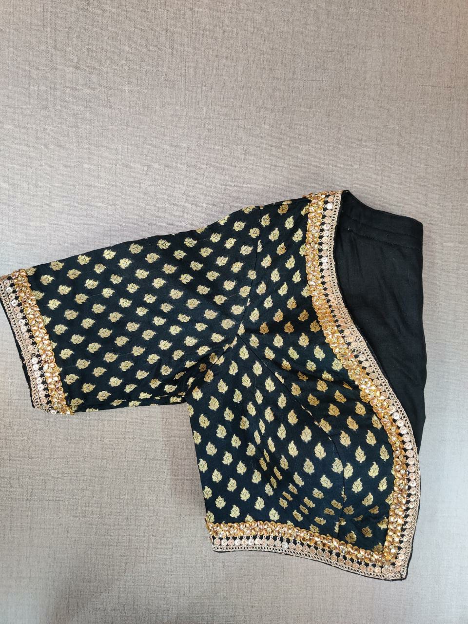 Shop stunning black embroidered Banarasi saree blouse online in USA. Elevate your Indian ethnic saree looks with beautiful readymade saree blouse, embroidered saree blouses, Banarasi saree blouse, designer saree blouses from Pure Elegance Indian fashion store in USA.-sleeves