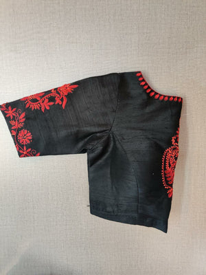 Buy stunning black readymade saree blouse online in USA with placement embroidery. Elevate your Indian ethnic saree looks with beautiful readymade saree blouse, embroidered saree blouses, Banarasi saree blouse, designer saree blouses from Pure Elegance Indian fashion store in USA.-sleeves