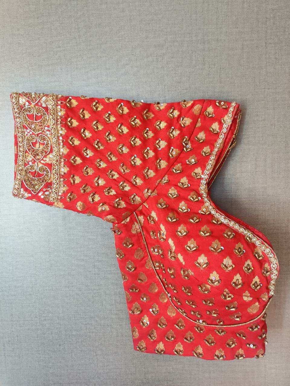 Buy stunning red embroidered Banarasi saree blouse online in USA. Elevate your Indian ethnic saree looks with beautiful readymade sari blouse, embroidered saree blouses, Banarasi saree blouse, designer sari blouses, sleeveless saree blouses from Pure Elegance Indian fashion store in USA.-sleeves