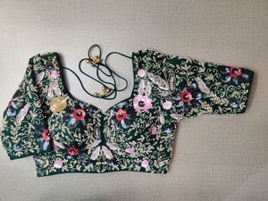 Buy Bottle Green Designer Saree Blouse Online in USA |Heavy Embroidery Pure Elegance Buy Bottle Green Designer Saree Blouse Online in USA |Heavy Embroidery Pure Elegance