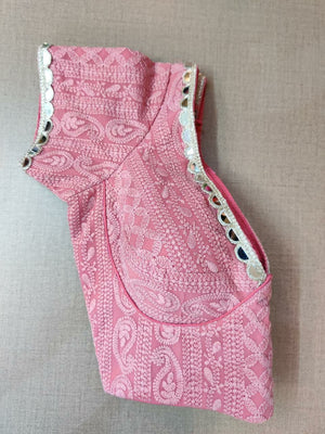 Buy stunning pink mirror work Chikankari style saree blouse online in USA. Elevate your Indian ethnic saree looks with beautiful readymade sari blouse, embroidered saree blouses, Banarasi saree blouse, designer saree blouses, sleeveless saree blouses from Pure Elegance Indian fashion store in USA.-sleeves