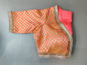 Shop stunning peach Banarasi saree blouse online in USA with embroidery. Elevate your Indian ethnic saree looks with beautiful readymade sari blouse, embroidered saree blouses, Banarasi saree blouse, designer saree blouses, sleeveless saree blouses from Pure Elegance Indian fashion store in USA.-sleeves