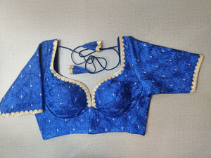Buy stunning royal blue embroidered designer saree blouse online in USA. Elevate your Indian ethnic saree looks with beautiful readymade sari blouse, embroidered saree blouses, Banarasi saree blouse, designer saree blouses, sleeveless saree blouses from Pure Elegance Indian fashion store in USA.-front