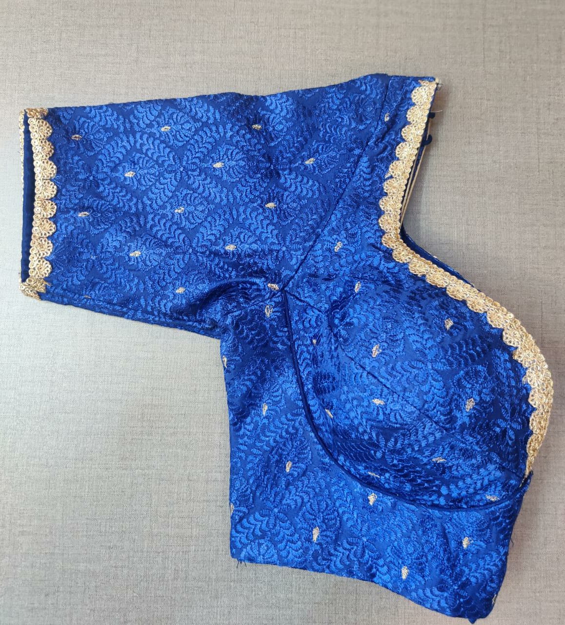 Buy stunning royal blue embroidered designer saree blouse online in USA. Elevate your Indian ethnic saree looks with beautiful readymade sari blouse, embroidered saree blouses, Banarasi saree blouse, designer saree blouses, sleeveless saree blouses from Pure Elegance Indian fashion store in USA.-sleeves