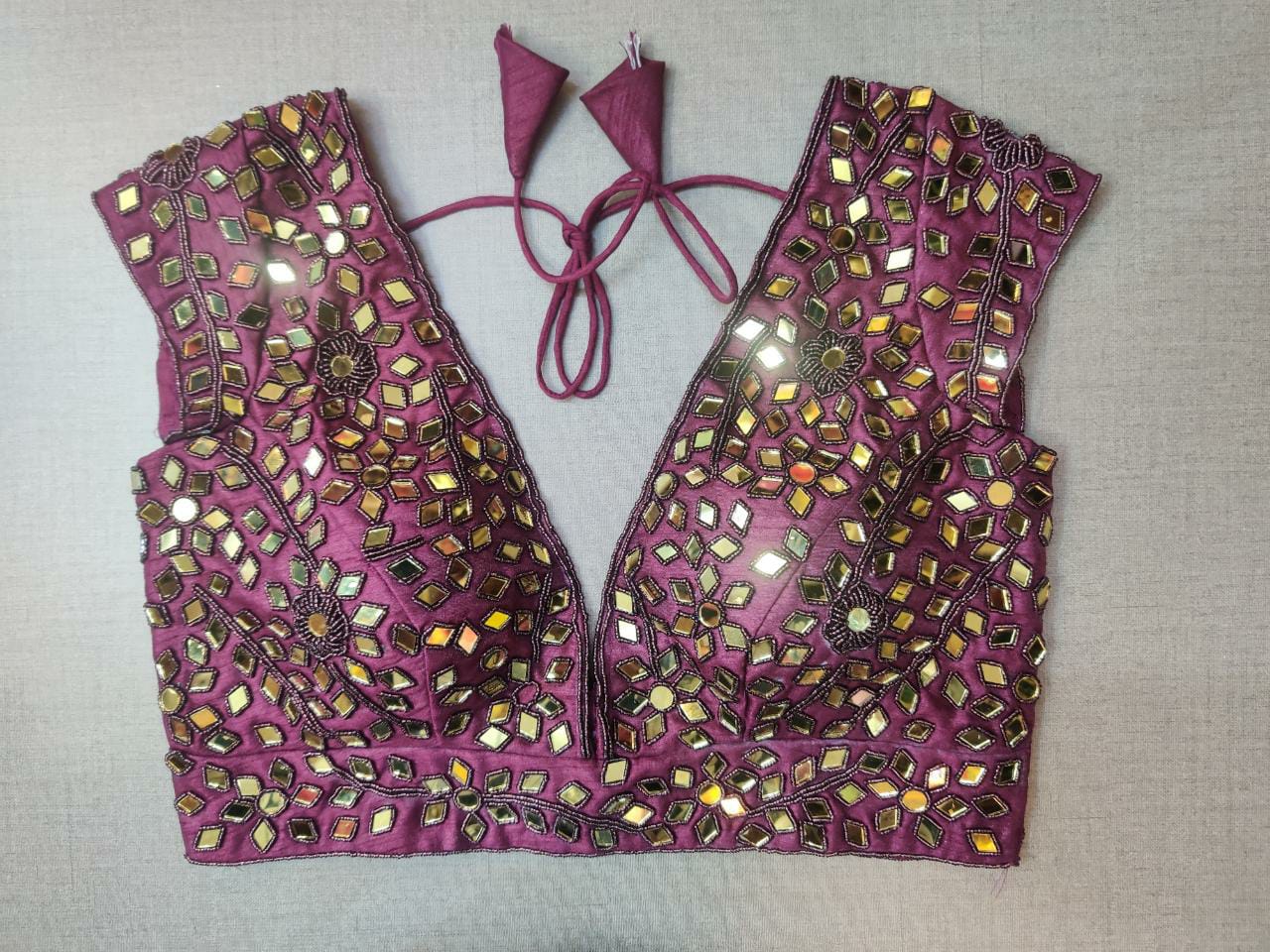Buy stunning purple overall mirror work saree blouse online in USA. Elevate your Indian ethnic saree looks with beautiful readymade sari blouse, embroidered saree blouses, Banarasi saree blouse, designer saree blouses, sleeveless saree blouses from Pure Elegance Indian fashion store in USA.-front