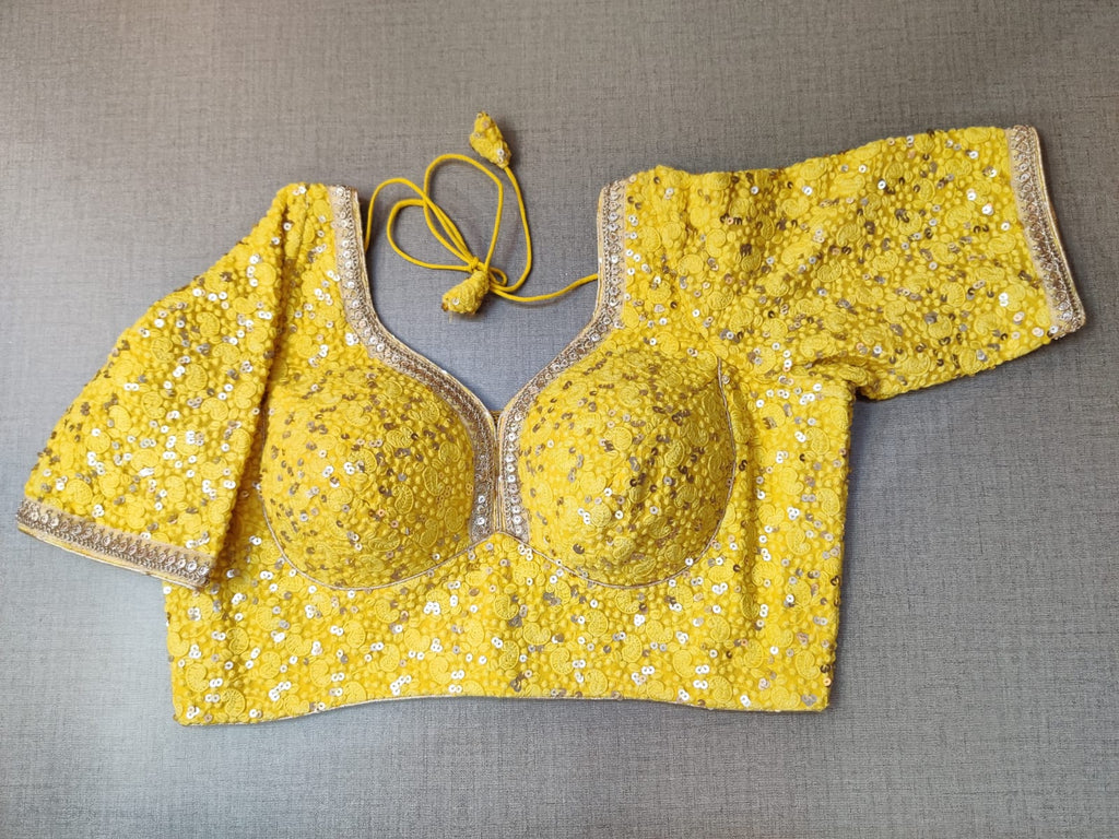 Buy stunning lemon yellow sequin embroidery saree blouse online in USA. Elevate your Indian ethnic saree looks with beautiful readymade saree blouse, embroidered saree blouses, Banarasi saree blouse, designer sari blouses, sleeveless saree blouses from Pure Elegance Indian fashion store in USA.-full view