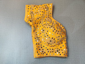 Shop stunning yellow mirror work saree blouse online in USA with lace. Elevate your Indian ethnic saree looks with beautiful readymade saree blouse, embroidered saree blouses, Banarasi saree blouse, designer sari blouses, sleeveless saree blouses from Pure Elegance Indian fashion store in USA.-sleeves