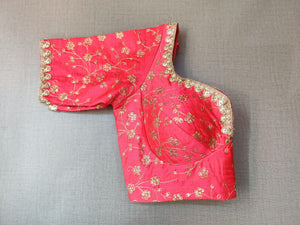 Buy stylish pink embroidered designer ready made saree blouse in raw silk online in USA. Adorned in floral jaal pattern designer sari blouse, blouse in raw silk with sweetheart cut neckline, long sleeves, designer sari blouses online, raw silk fabric, sari blouses from Pure Elegance Indian fashion store in USA.- Sleeve.