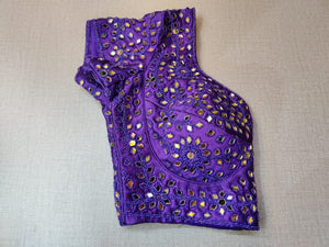 Buy elegant violet designer saree blouse with beautiful mirror work in online in USA. Pair this  exquisite designer sari blouse crafted with mirror work and sweetheart neckline, dori ties, with ethnic sari, short sleeves, sari designer sari blouse online, sari blouses from Pure Elegance Indian fashion store in USA.- Sleeve.