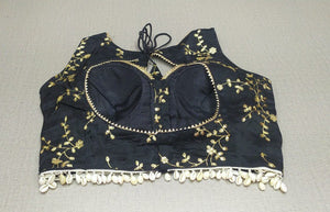 50X905-RO Black Silk Designer Saree Blouse with Dori Ties, Deep ''U'' Back and Floral Printed