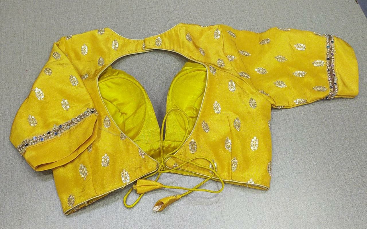 Buy beautiful yellow embroidered readymade saree blouse online in USA. Elevate your Indian ethnic sarees with beautiful readymade sari blouses, embroidered saree blouses, Banarasi saree blouse, designer sari blouses, choli-cut blouses from Pure Elegance Indian fashion store in USA.-back