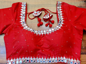 Buy beautiful red mirror embroidery designer sari blouse online in USA. Elevate your ethnic saree style with a tasteful collection of designer saree blouses, embroidered sari blouses, Banarasi blouses, silk saree blouses from Pure Elegance Indian clothing store in USA.-full view