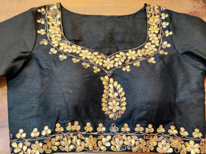 Buy black gota patti embroidery designer sari blouse online in USA. Elevate your ethnic saree style with a tasteful collection of designer saree blouses, embroidered sari blouses, Banarasi blouses, silk saree blouses from Pure Elegance Indian clothing store in USA.-full view