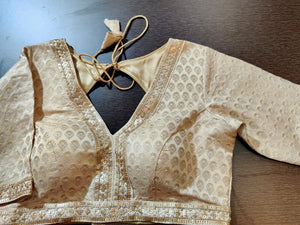 50Y197 Cream Zari Buta Saree Blouse with Golden Embroidered Lace