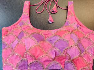 Buy gorgeous mauve and pink embroidered fish scale saree blouse online in USA. Elevate your ethnic sari style with a stunning collection of designer sari blouses, embroidered saree blouses, Banarasi sari blouse, silk saree blouse from Pure Elegance Indian clothing store in USA.-front
