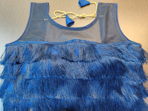 Shop stunning blue sleeveless sari blouse online in USA with layered fringes. Elevate your ethnic sari style with a stunning collection of designer sari blouses, embroidered saree blouses, Banarasi sari blouse, fancy sari blouse from Pure Elegance Indian clothing store in USA.-front
