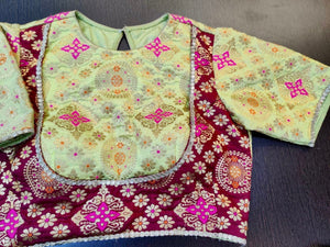 Shop gorgeous lime green and magenta saree blouse online in USA with zari and minakari work. Elevate your ethnic sari style with a stunning collection of designer sari blouses, embroidered saree blouses, Banarasi sari blouse, fancy sari blouse from Pure Elegance Indian clothing store in USA.-front
