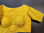 Buy gorgeous yellow readymade saree blouse online in USA with mirror embroidery. Elevate your ethnic sari style with a stunning collection of designer sari blouses, embroidered saree blouses, Banarasi sari blouse, fancy sari blouse from Pure Elegance Indian clothing store in USA.-front