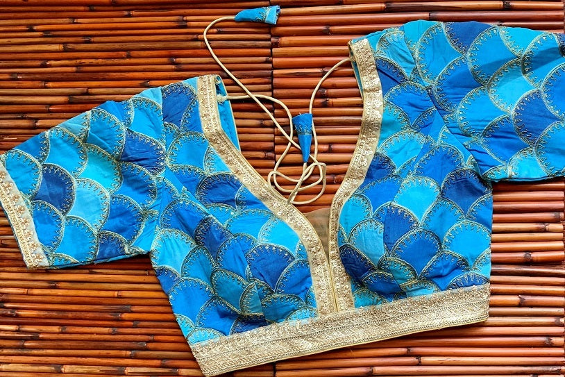 Buy gorgeous two-tone blue embroidered fish scale designer sari blouse online in USA. Elevate your Indian saree style with beautiful readymade sari blouses, embroidered saree blouses, saree blouse, fancy saree blouse from Pure Elegance Indian clothing store in USA.-front