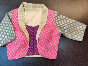 Buy beautiful multicolor Banarasi saree blouse online in USA with collars. Elevate your Indian saree style with exquisite readymade saree blouses, embroidered saree blouses, Benarasi saree blouse, fancy saree blouse from Pure Elegance Indian clothing store in USA.-front