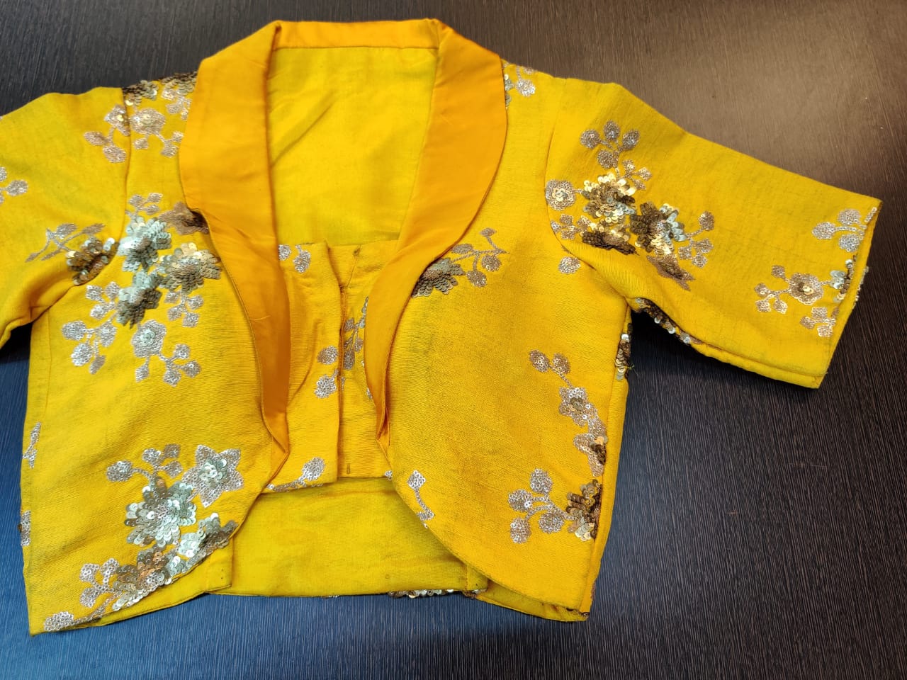 Buy stunning yellow embroidered saree blouse online in USA with collars. Elevate your Indian saree style with exquisite readymade sari blouses, embroidered saree blouses,  saree blouse, fancy saree blouse from Pure Elegance Indian clothing store in USA.-front