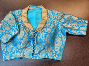 Buy beautiful light blue Banarasi readymade sari blouse online in USA with collars. Elevate your Indian saree style with beautiful readymade sari blouses, embroidered saree blouses, saree blouse, fancy saree blouse from Pure Elegance Indian clothing store in USA.-front