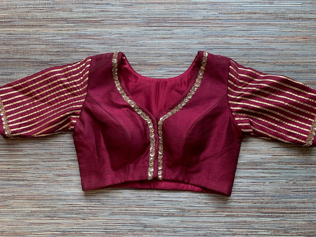 50Y513-RO Burgundy Embroidered Sari Blouse with Gota Lace