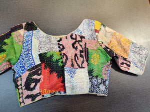 Buy stunning multicolor patch work Kantha saree blouse online in USA. Elevate your ethnic sari look with beautiful readymade sari blouses, embroidered saree blouses, Banarasi sari blouse, fancy sari blouse from Pure Elegance Indian clothing store in USA.-back