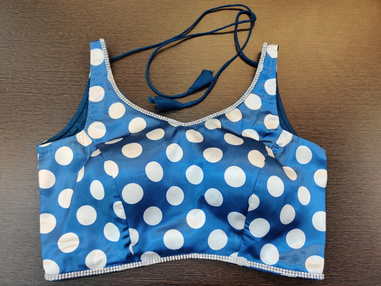 Shop Blue Sleeveless Saree Blouse Online in USA with Polka Dots