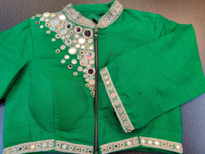 Buy stunning green mirror embroidery saree blouse online in USA with mandarin collar. Elevate your Indian saree style with exquisite readymade saree blouses, embroidered saree blouses, Banarasi sari blouse, fancy saree blouse from Pure Elegance Indian clothing store in USA.-front