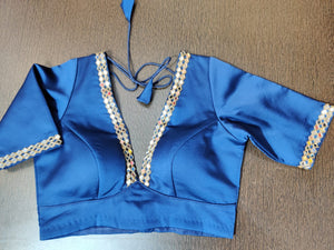 Shop stunning blue saree blouse online in USA with mirror work. Elevate your Indian saree style with exquisite readymade saree blouses, embroidered saree blouses, Benarasi sari blouse, designer saree blouse from Pure Elegance Indian clothing store in USA.-front