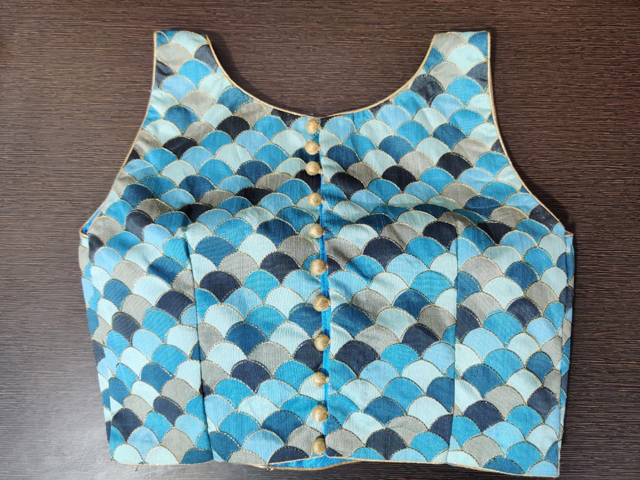 Shop stunning two-tone blue fish scale design sleeveless saree blouse online in USA. Elevate your Indian sari style with exquisite readymade saree blouse, embroidered saree blouses, Benarasi sari blouse, designer saree blouse from Pure Elegance Indian clothing store in USA.-back