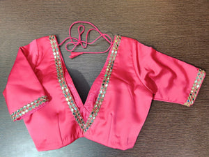 Buy beautiful pink designer saree blouse online in USA with mirror embroidery. Elevate your Indian sari style with exquisite readymade saree blouse, embroidered saree blouses, Benarasi sari blouse, designer saree blouse from Pure Elegance Indian clothing store in USA.-back