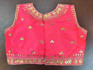 Shop stunning pink sleeveless gota patti sari blouse online in USA. Elevate your Indian saree style with exquisite readymade sari blouse, embroidered saree blouses, Banarasi sari blouse, designer saree blouse from Pure Elegance Indian clothing store in USA.-back