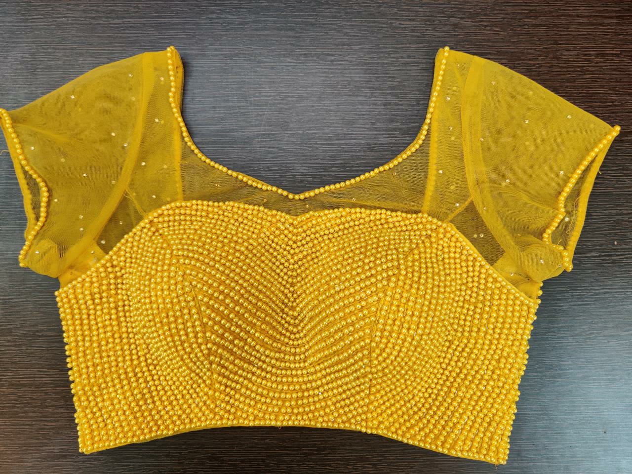 50Y952-RO Yellow Bead Work Sheer Saree Blouse