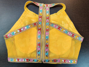 Buy stunning yellow designer saree blouse online in USA. Elevate your Indian saree style with exquisite readymade sari blouse, embroidered saree blouses, Banarasi sari blouse, designer sari blouse from Pure Elegance Indian clothing store in USA.-back