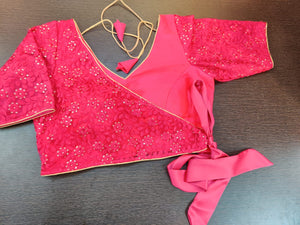Buy stunning pink embroidered faux wrap saree blouse online in USA. Elevate your Indian saree style with exquisite readymade sari blouse, embroidered saree blouses, Banarasi sari blouse, designer sari blouse from Pure Elegance Indian clothing store in USA.-full view