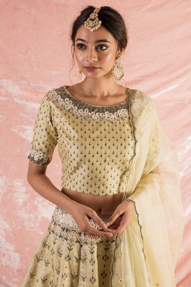 Buy beautiful off-white embroidered silk lehenga online in USA. Lehenga has fine simple yet heavy  embroidery work specially around the neck and has raglan sleeves. Be the talk of parties and weddings with exquisite designer lehengas from Pure Elegance Indian clothing store in USA.Shop online now.-close up