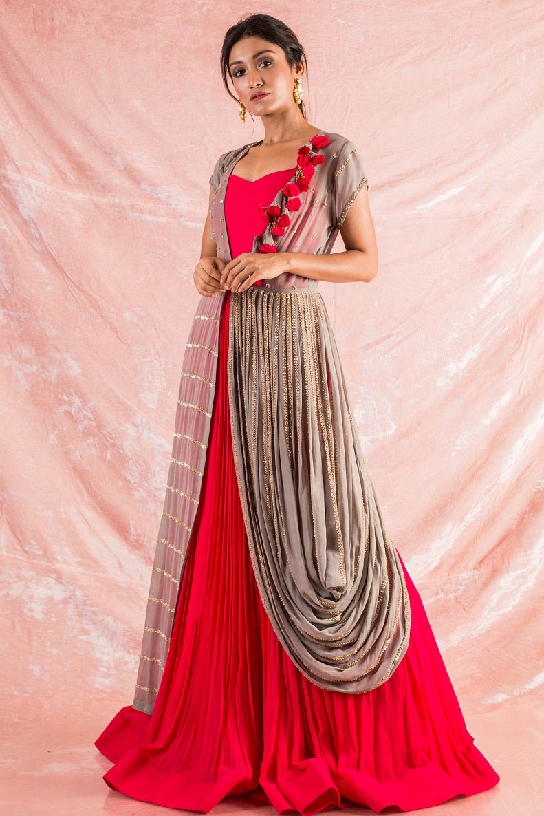  Red Embroidered Georgette Gown Online in USA-full view
