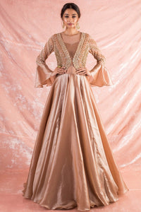 Gold Embroidered Satin Suit Online in USA-full view