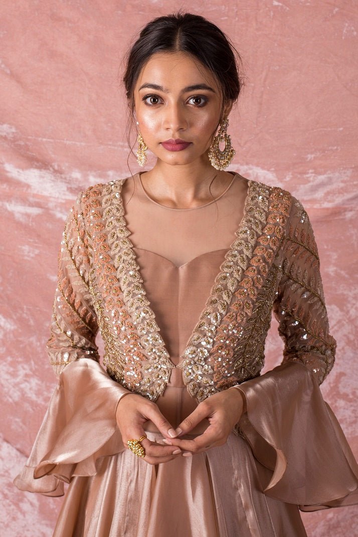 Gold Embroidered Satin Suit Online in USA-close up