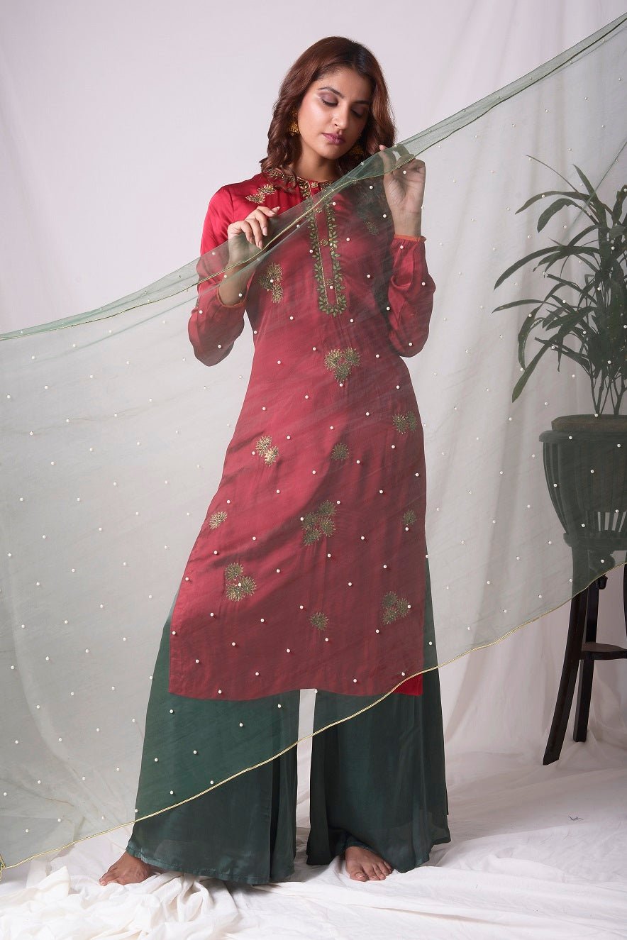 Buy red and green satin suit online in USA with palazzo and dupatta. Be the talk of parties and weddings with exquisite designer gowns, Indian suits, Anarkali dresses, Indowestern dresses from Pure Elegance Indian clothing store in USA.Shop online now.-full view-2