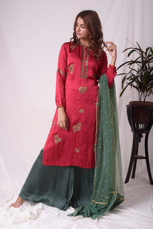 Buy red and green satin suit online in USA with palazzo and dupatta. Be the talk of parties and weddings with exquisite designer gowns, Indian suits, Anarkali dresses, Indowestern dresses from Pure Elegance Indian clothing store in USA.Shop online now.-full view-3