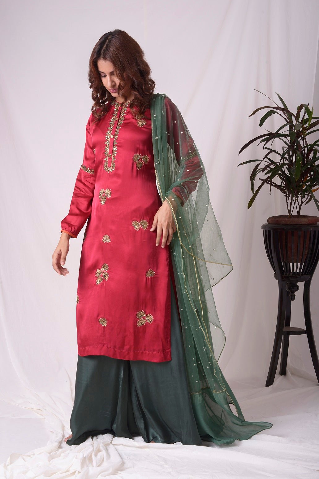 Buy red and green satin suit online in USA with palazzo and dupatta. Be the talk of parties and weddings with exquisite designer gowns, Indian suits, Anarkali dresses, Indowestern dresses from Pure Elegance Indian clothing store in USA.Shop online now.-full view